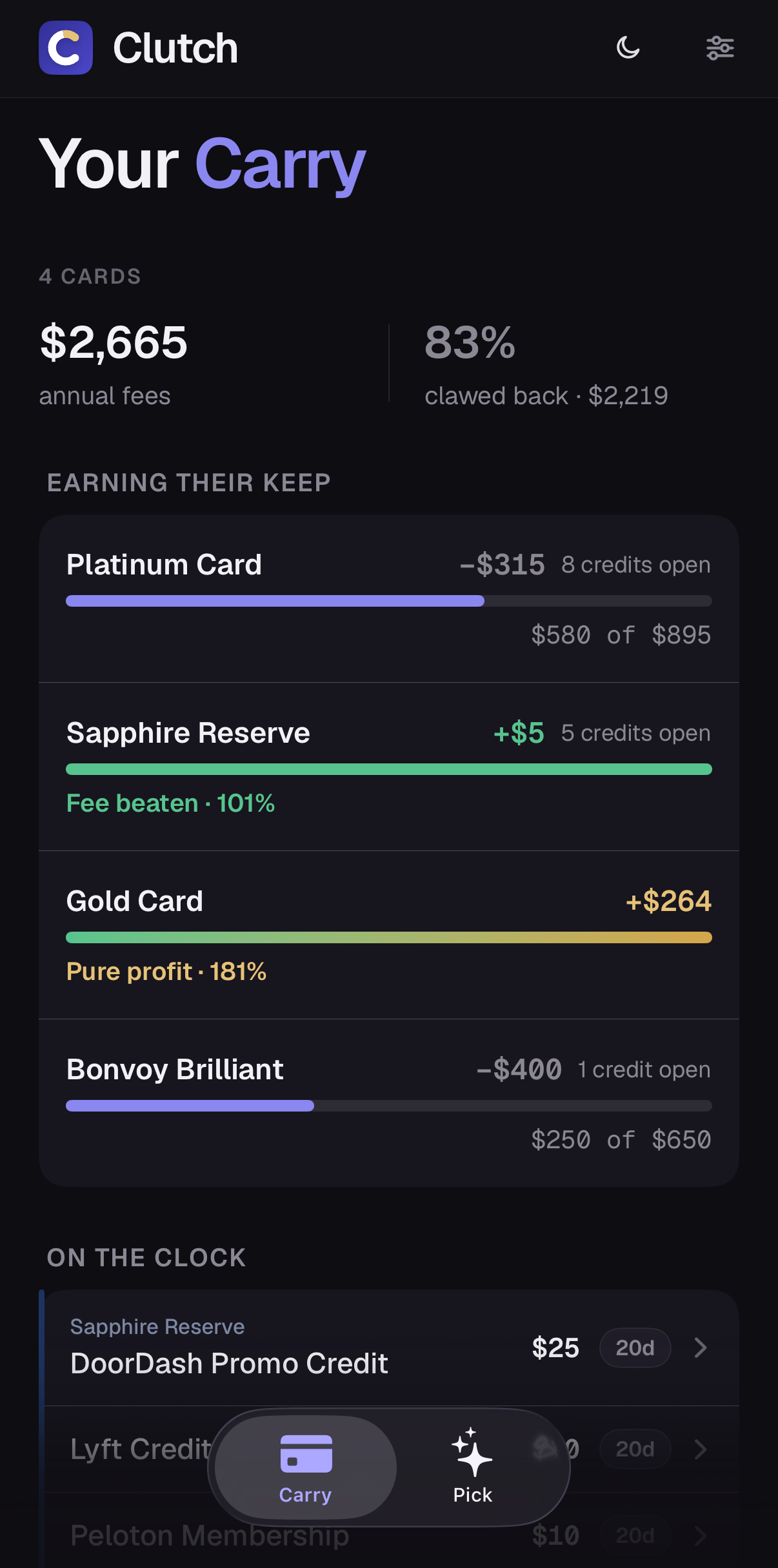 Fee meters for every card in your carry, dark mode