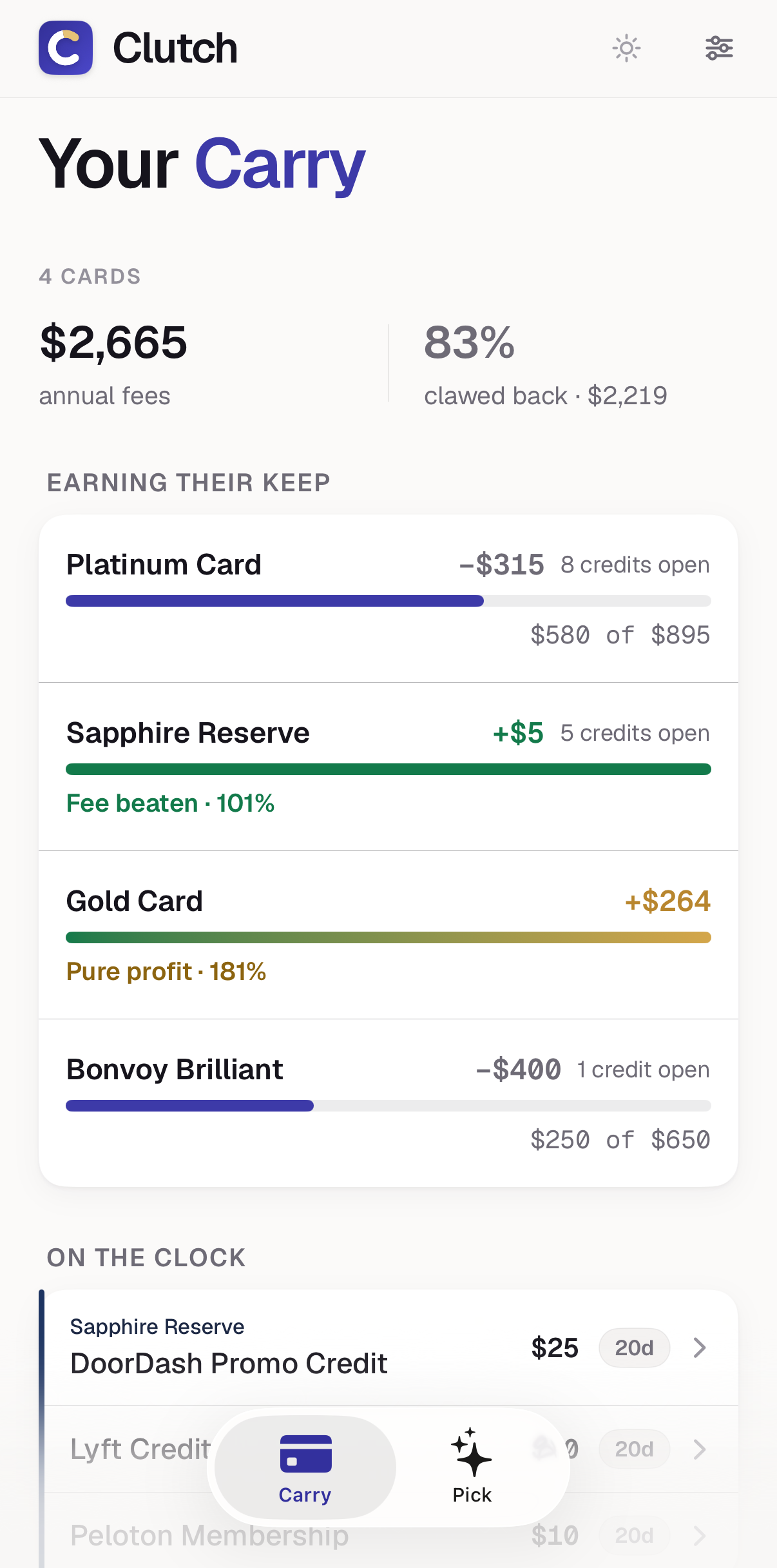 Fee meters for every card in your carry