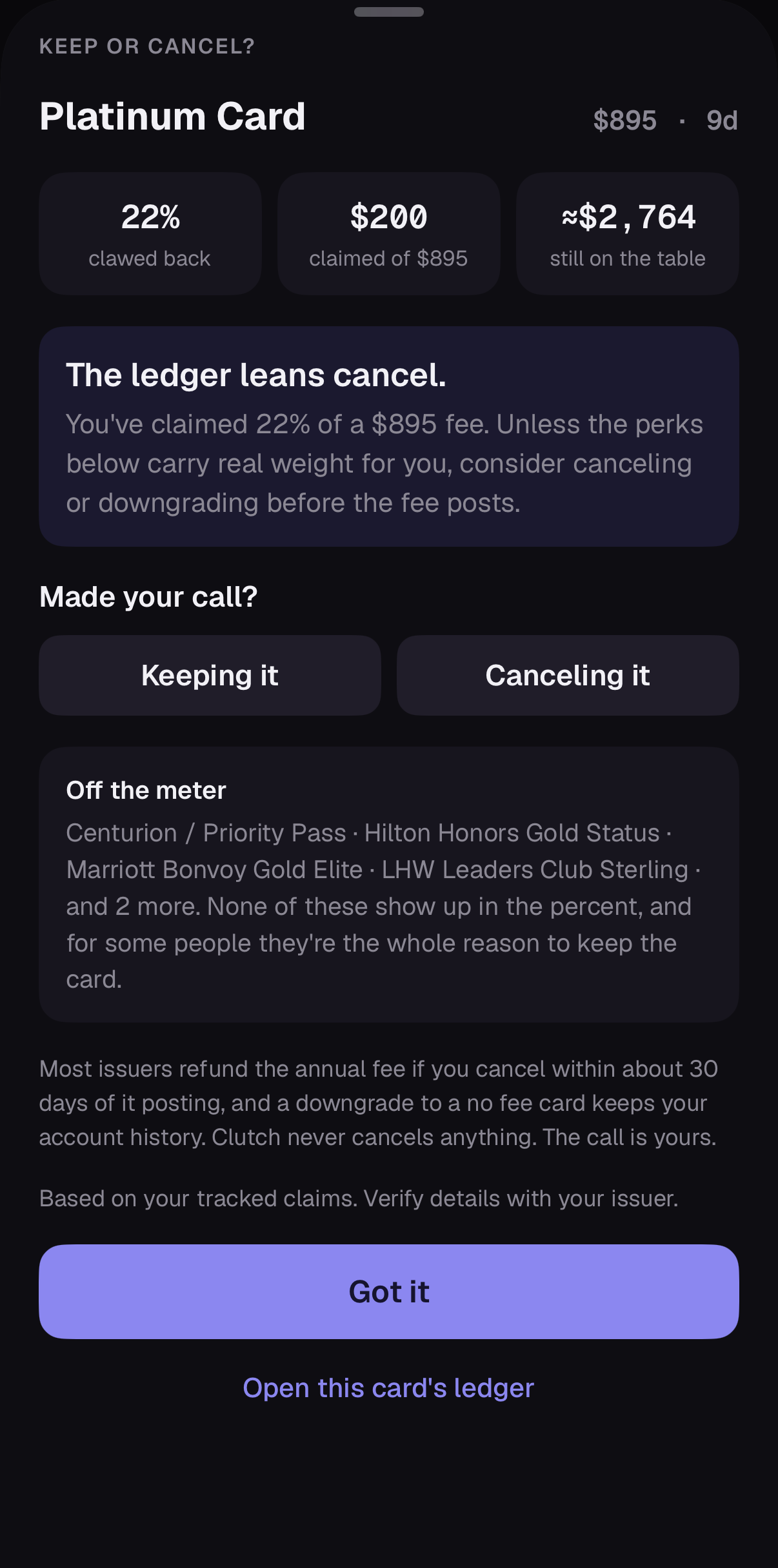 The Keep or Cancel read with a plain verdict, dark mode