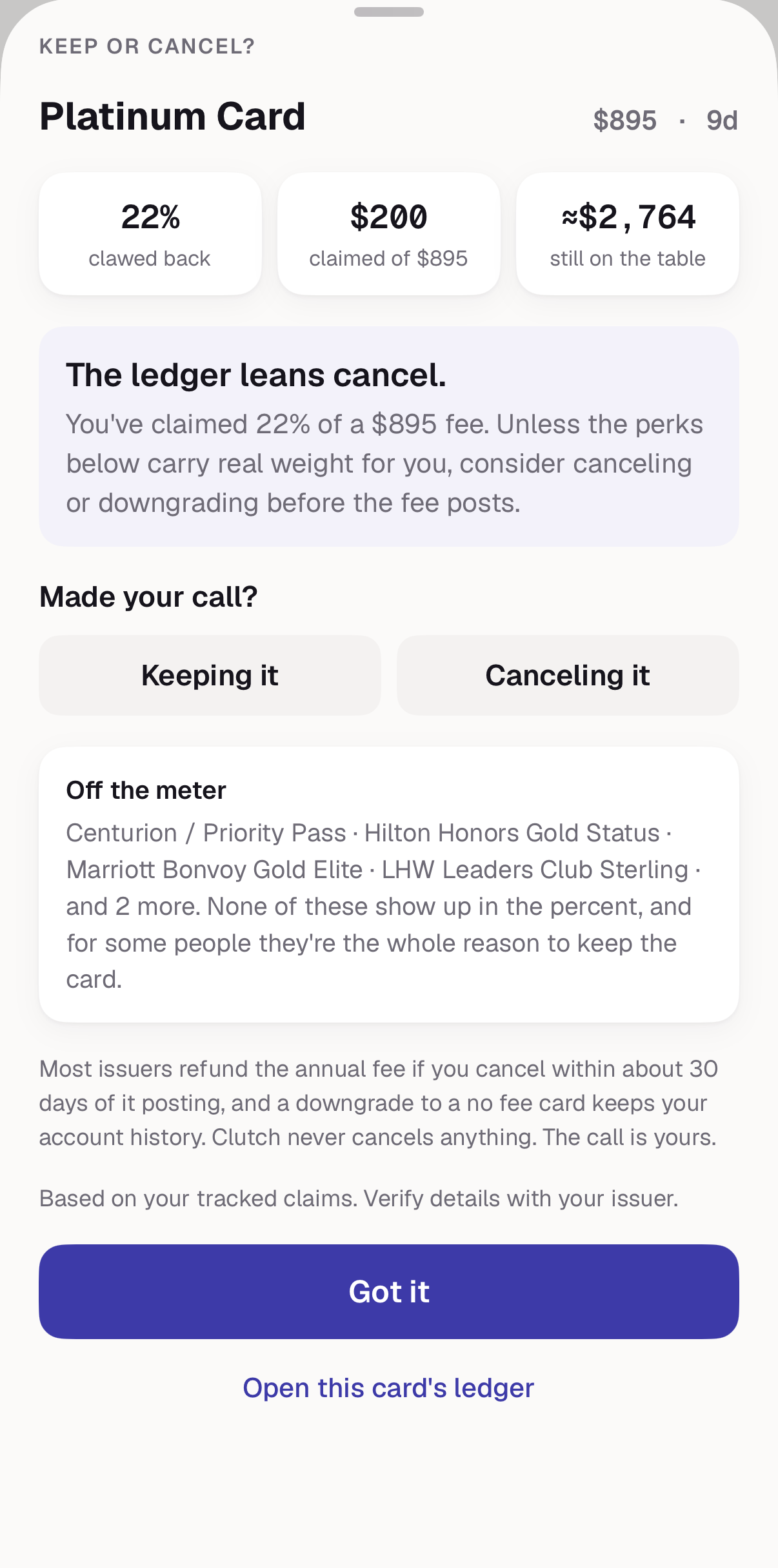 The Keep or Cancel read with a plain verdict