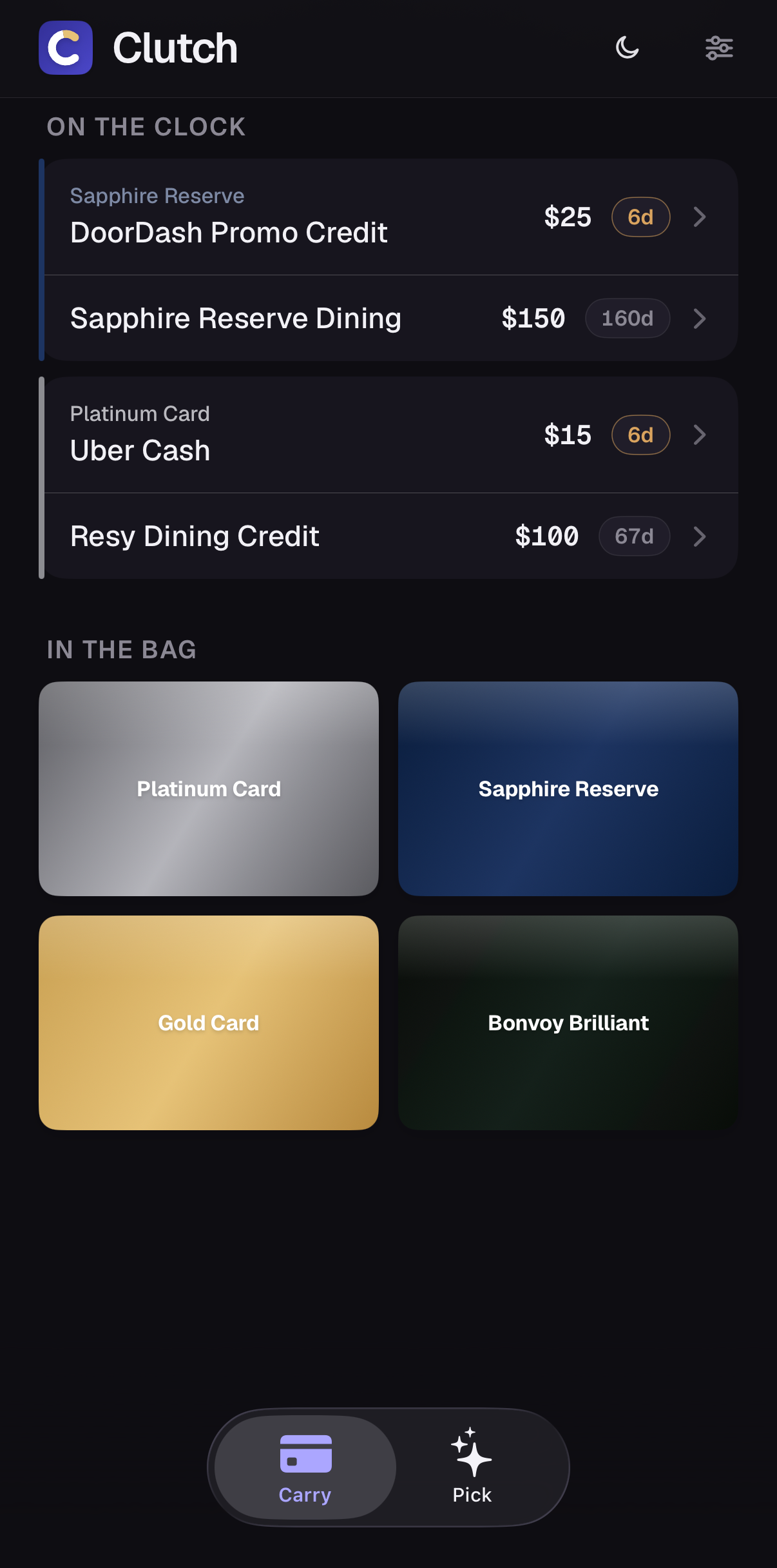 Credits counting down in On the clock, dark mode